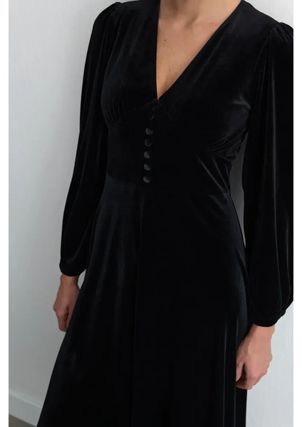 V Yakalı Uzun Kadife Elbise - Siyah modelleri