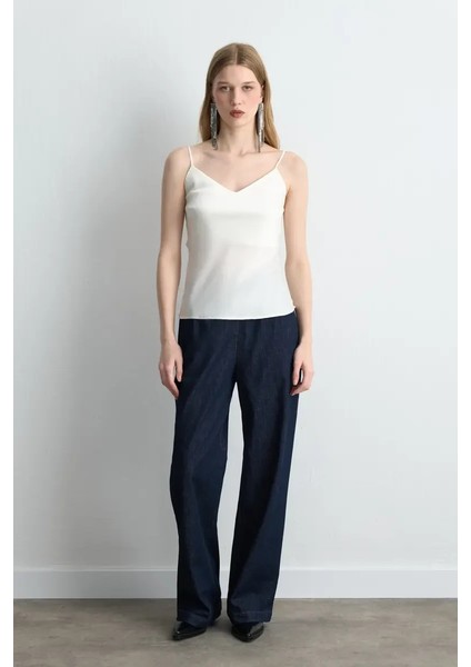 Ip Askılı Saten Atlet - Ekru