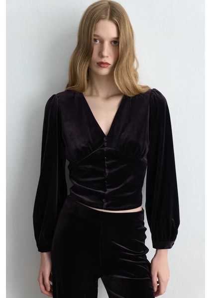 V Yakalı Kadife Bluz - Mürdüm