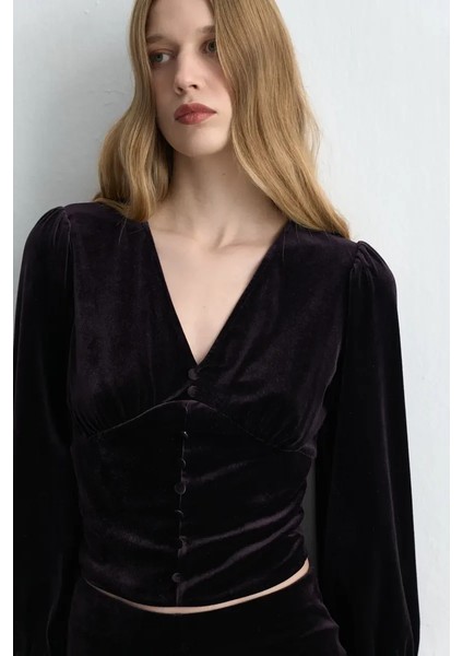 V Yakalı Kadife Bluz - Mürdüm fiyatları