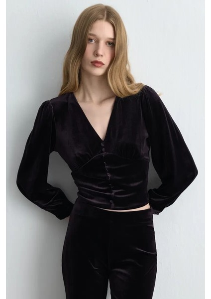 V Yakalı Kadife Bluz - Mürdüm modelleri