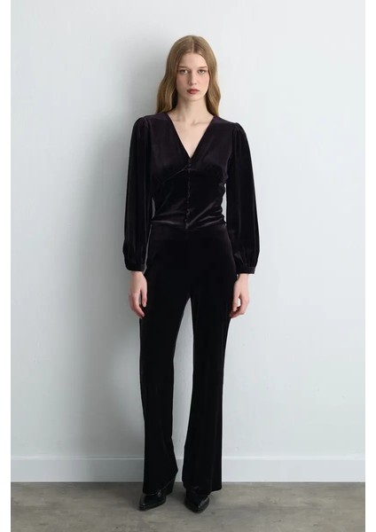 V Yakalı Kadife Bluz - Mürdüm indirimleri