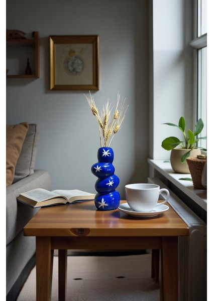 Iskandinav Motifli Mavi Yıldız Desenli El Yapımı Dekoratif Seramik Vazo 17 x 8 cm modelleri