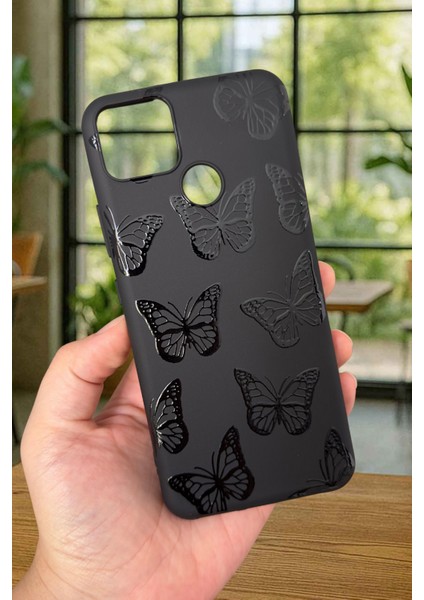 Realme C25S Uyumlu Siyah Kelebek Desenli Silikon Darbe Emici Klasik Korumalı Rubber Kılıf