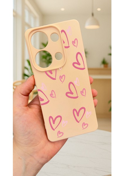 Xiaomi Redmi Note 13 Pro 4g Pembe Kalp Desenli Silikon Darbe Emici Klasik Korumalı Rubber Kılıf