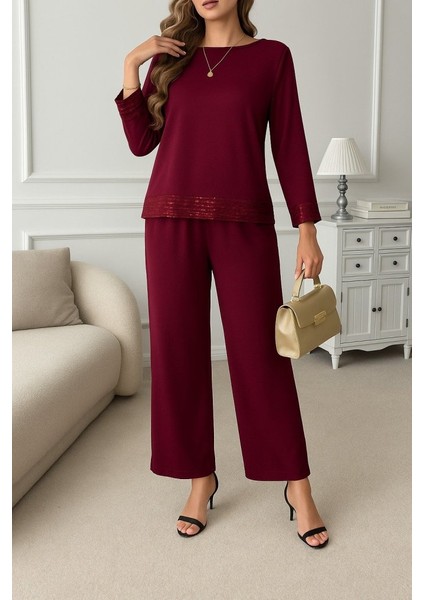 Kadın Uzun Kollu Bisiklet Yaka Pulpayetli Viskon Iki Iplik Bluz ve Pantolon Ikili Takım