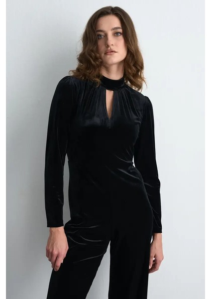 Dik Yakalı Kadife Tulum - Siyah fiyatları