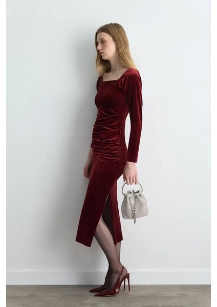 Kare Yakalı Uzun Kadife Elbise - Bordo indirimleri