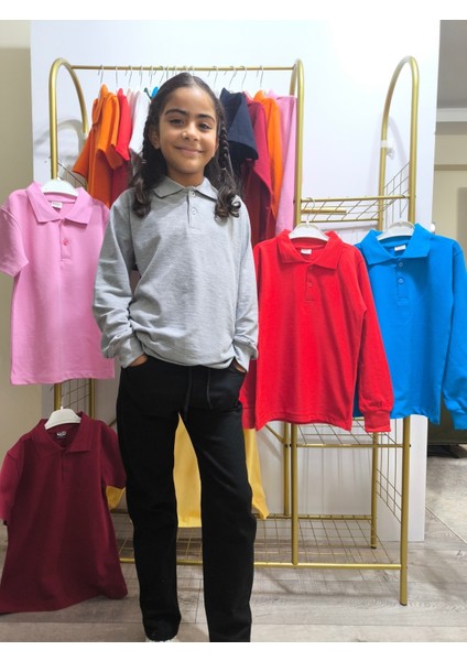 unisex Uzun Kol Polo Yaka Okul ve Günlük Ribanalı Çocuk Genç Tişört Nefes Alabilen Kumaş