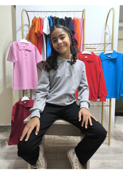 unisex Uzun Kol Polo Yaka Okul ve Günlük Ribanalı Çocuk Genç Tişört Nefes Alabilen Kumaş