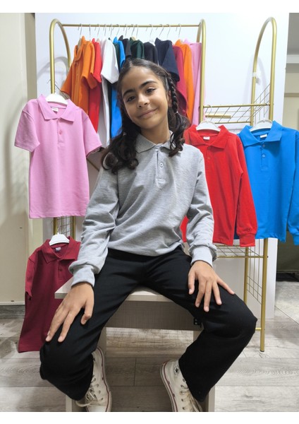 unisex Uzun Kol Polo Yaka Okul ve Günlük Ribanalı Çocuk Genç Tişört Nefes Alabilen Kumaş
