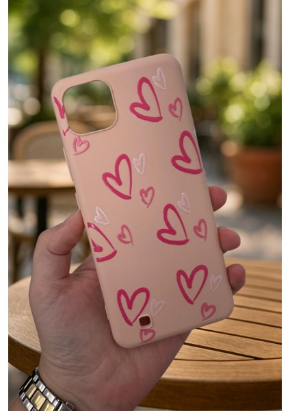 Realme C11 -Pembe Kalp Desenli Silikon Darbe Emici Klasik Korumalı Rubber Kılıf