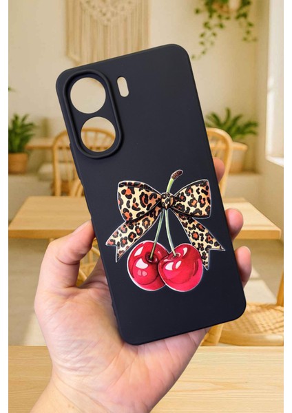 Redmi 13C Uyumlu Kiraz Leopar Fiyonk Desenli Lansman Kamera Korumalı Yumuşak Silikon Rubber Kılıf
