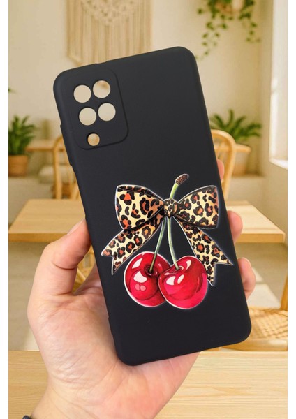 Samsung Galaxy A12 Uyumlu Kiraz Leopar Fiyonk Desenli Silikon Darbe Emici Rubber Kılıf