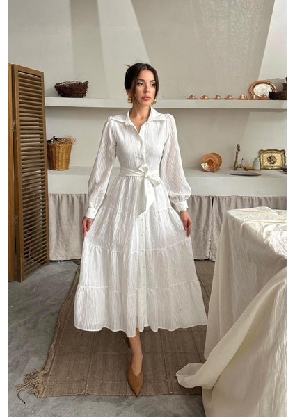 Ekru Çizgi Desenli Uzun Elbise fırsatları