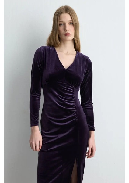 V Yaka Kadife Uzun Elbise - Mürdüm fiyatları