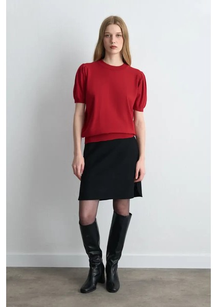 Balon Kol Triko Bluz - Kırmızı