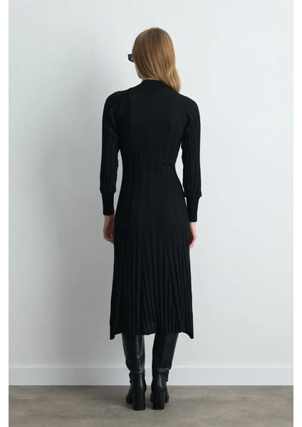 Triko Fitilli Yün Elbise - Siyah indirimleri