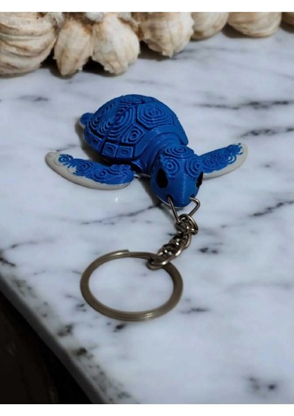 Eklemli Kaplumbağa 3D Anahtarlık – Mavi Beyaz | Hareketli Mini Çanta Süsü & Hediyelik |