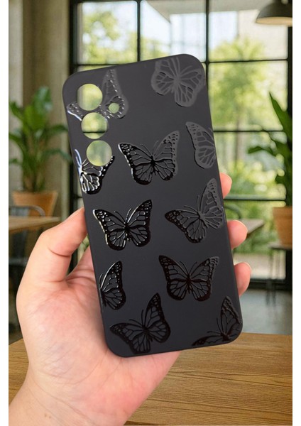 Samsung Galaxy A25 - Siyah Kelebek Desenli Silikon Darbe Emici Klasik Korumalı Rubber Kılıf