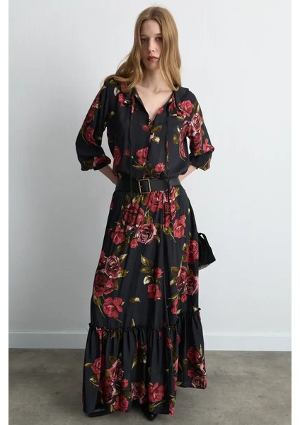 Anka Koleksiyonu Gül Desenli Uzun Viskon Etek - Siyah fiyatları