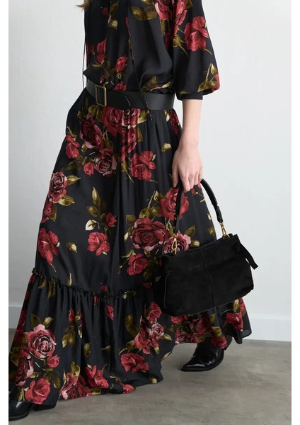 Anka Koleksiyonu Gül Desenli Uzun Viskon Etek - Siyah modelleri