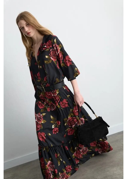 Anka Koleksiyonu Gül Desenli Uzun Viskon Etek - Siyah fırsatları