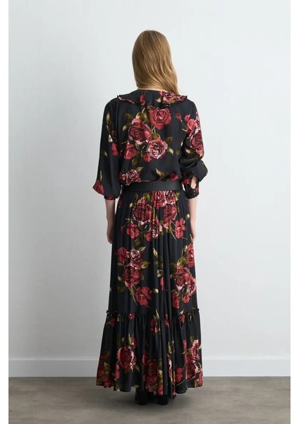 Anka Koleksiyonu Gül Desenli Uzun Viskon Etek - Siyah indirimleri