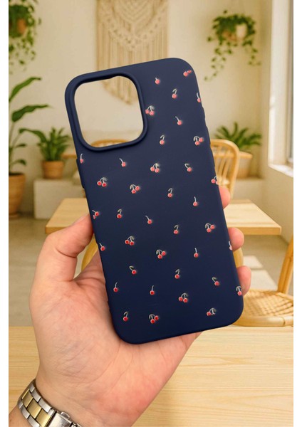 iPhone 14 Plus ve 15 Plus -Mini Kiraz Desenli Silikon Darbe Emici Klasik Korumalı Rubber Kılıf