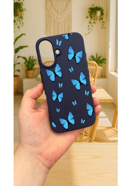 iPhone 16 Plus - Mavi Kelebek Desenli Silikon Darbe Emici Klasik Korumalı Rubber Kılıf