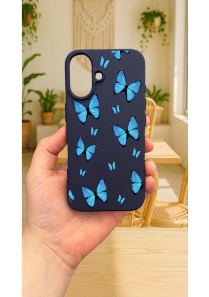 iPhone 16 Plus - Mavi Kelebek Desenli Silikon Darbe Emici Klasik Korumalı Rubber Kılıf fiyatları