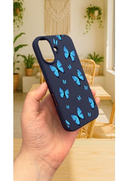 iPhone 16 Plus - Mavi Kelebek Desenli Silikon Darbe Emici Klasik Korumalı Rubber Kılıf modelleri