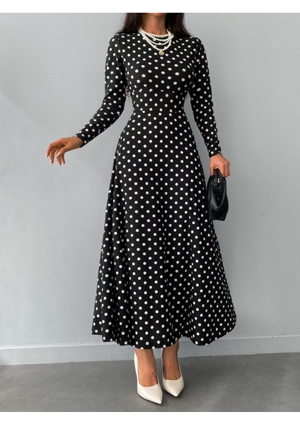 Kadın Siyah Tam Boy Beyaz Puantiyeli Elbise modelleri