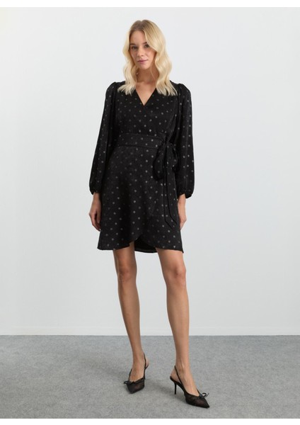 Kruvaze Yaka Çiçek Desenli Siyah Standart Kadın Elbise 25KSL7722 fiyatları