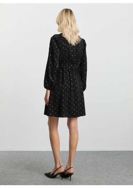 Kruvaze Yaka Çiçek Desenli Siyah Standart Kadın Elbise 25KSL7722 modelleri