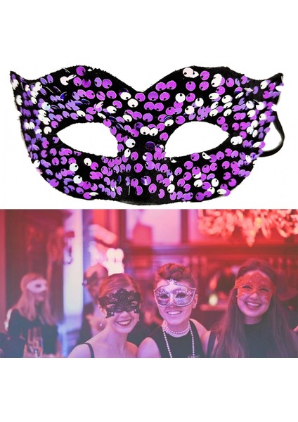 Mor Renk Arkadan Lastikli Pul Payet Işlemeli Balo After Parti Maskesi