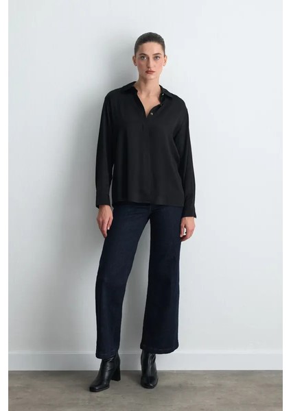 Gold Düğmeli Viskon Saten Gömlek - Siyah