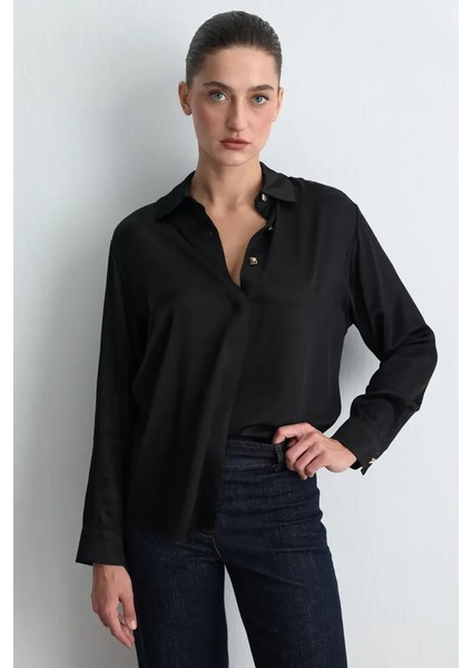 Gold Düğmeli Viskon Saten Gömlek - Siyah fiyatları