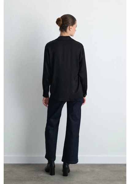 Gold Düğmeli Viskon Saten Gömlek - Siyah fırsatları