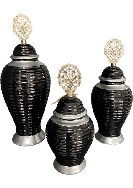 Siyah Gümüş Renk 3’lü Lüks Dekoratif Küp Seti | 50-45-28 cm Seramik Ev Aksesuarı