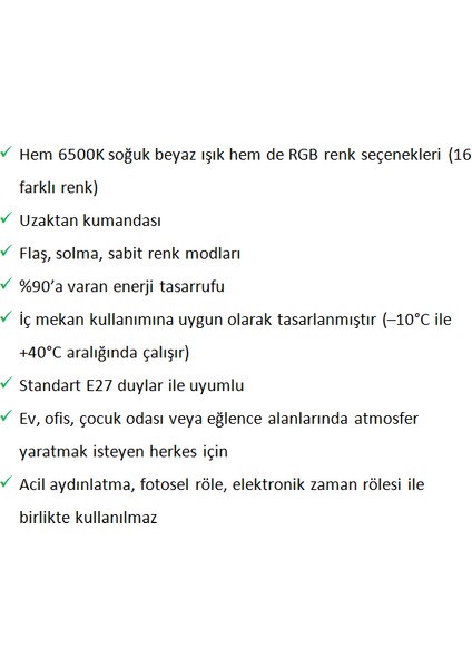 Uzaktan Kumandalı Rgb LED Ampul 9W E27 – 6500K Beyaz Işık + 16 Renkli Atmosferik Aydınlatma fırsatları