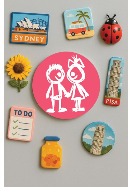 Modern ve Dekoratif Yuvarlak Buzdolabı Magneti Magnet Büyük Boy 10X10 cm - Sen ve Ben