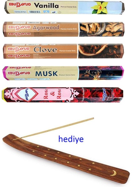 5 Paket 20 Çubuklu Tütsü Vanilla - Musk - Clove - Wood - Redrose - Kayık Hediyeli