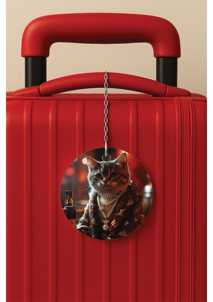 Desenli Baskılı Pleksi Zincir Aparatlı Bavul Etiketi Valiz Etiketi Moda Ikonu Kedi