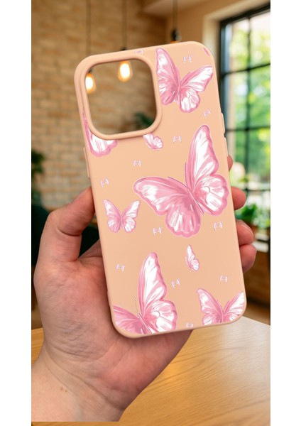 iPhone 15 Pro Max -Pembe Kelebek Desenli Silikon Darbe Emici Klasik Korumalı Rubber Kılıf
