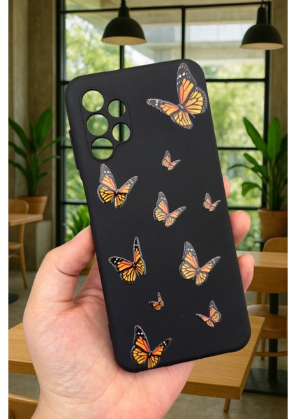 Samsung Galaxy A13 - Turuncu Kelebek Desenli Silikon Darbe Emici Klasik Korumalı Rubber Kılıf