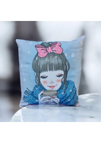 Dijital Baskı Tek Tarafı Kahve Içen Kız Teması Anime Stil Pamuklu Kırlent Kılıfı