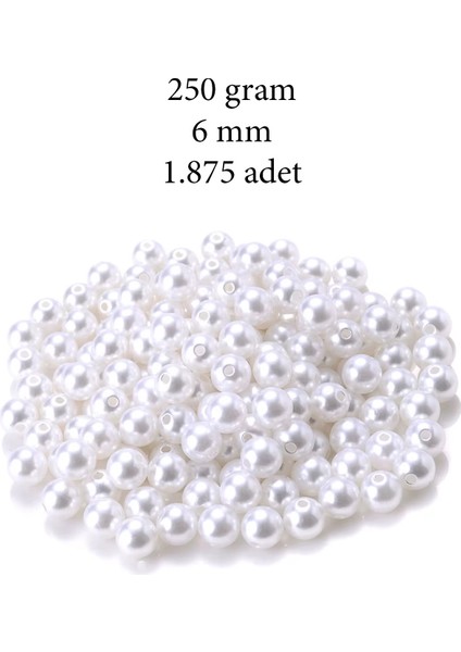 250 Gram 6mm Beyaz Renk Plastik Inci Boncuk Çanta ve Takı Yapım Boncuğu (~1.875 Adet)
