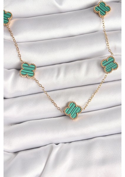 Bfs 316L Çelik Gold Renk Zincir Yeşil Yonca Model Kadın Kolye