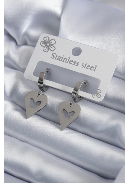 Bfs 316L Çelik Gümüş Renk Kalp Model Kelebek Işleme Kadın Küpe